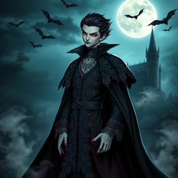 A captivating and mysterious vampire character standing majestically with a gothic backdrop