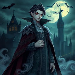 A captivating and mysterious vampire character standing majestically with a gothic backdrop