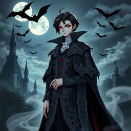 A captivating and mysterious vampire character standing majestically with a gothic backdrop