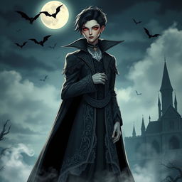 A captivating and mysterious vampire character standing majestically with a gothic backdrop