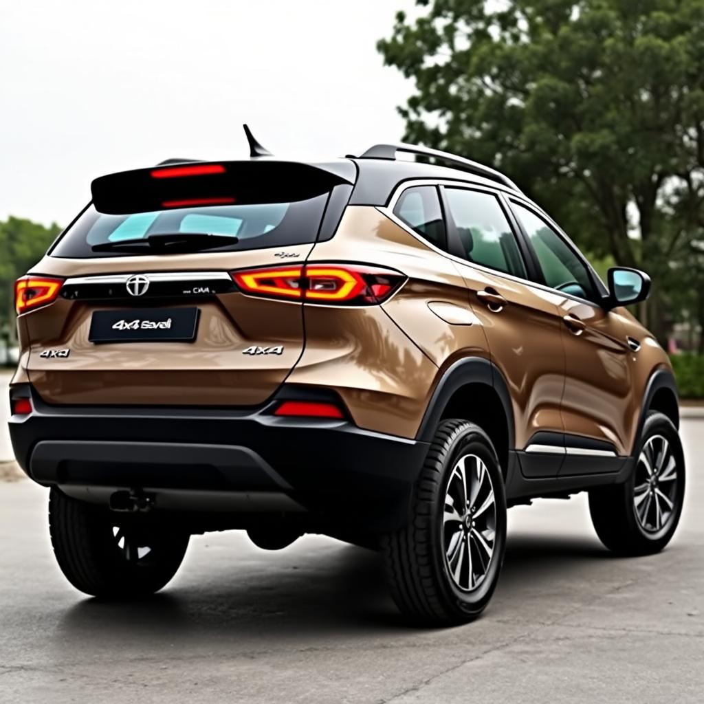 A facelifted Tata 4x4 car styled on a saloon platform, captured in a rear 3/4 view to showcase its unique blend of rugged capability and sleek design