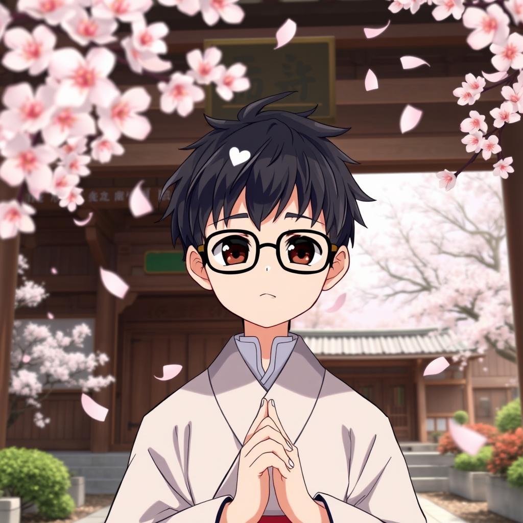 Anime version of a Japanese shrine priest, a boy with glasses and dark brown eyes, wearing a traditional Japanese kimono, engaged in prayer