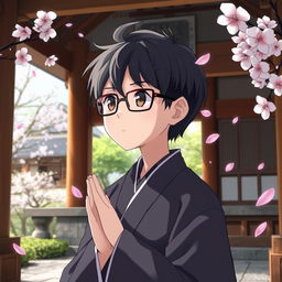 Anime version of a Japanese shrine priest, a boy with glasses and dark brown eyes, wearing a traditional Japanese kimono, engaged in prayer