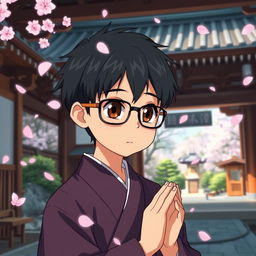 Anime version of a Japanese shrine priest, a boy with glasses and dark brown eyes, wearing a traditional Japanese kimono, engaged in prayer