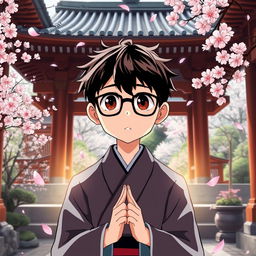 Anime version of a Japanese shrine priest, a boy with glasses and dark brown eyes, wearing a traditional Japanese kimono, engaged in prayer