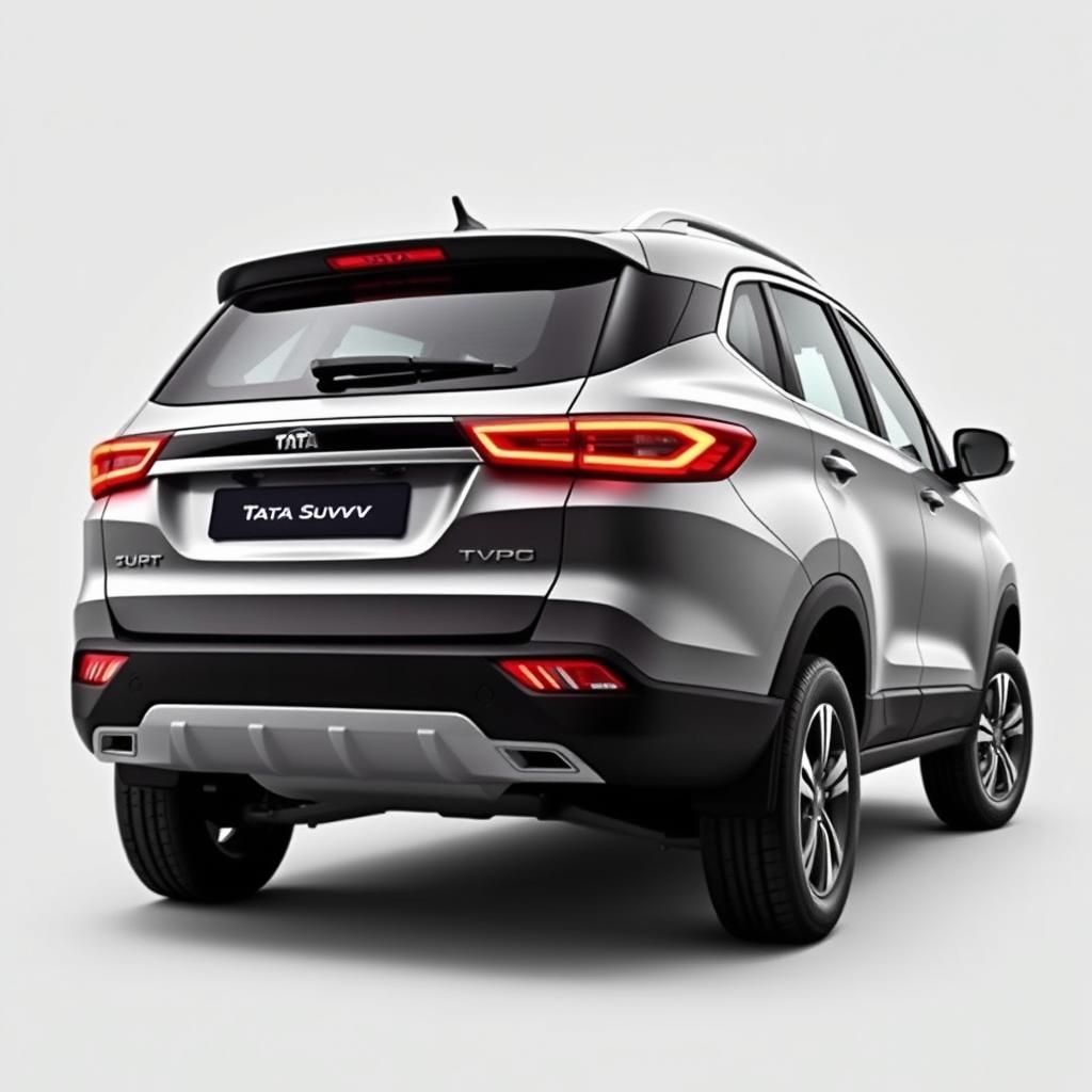 A facelifted Tata SUV captured in a rear 3/4 view, showcasing its robust and contemporary design enhancements