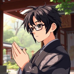 Anime version of a traditional Japanese shrine priest praying