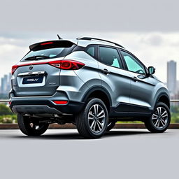 A facelifted Tata SUV captured in a rear 3/4 view set against a realistic background, showcasing its modern design enhancements