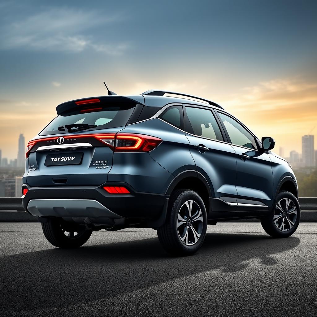 A facelifted Tata SUV captured in a rear 3/4 view set against a realistic background, showcasing its modern design enhancements