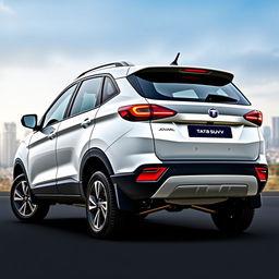 A facelifted Tata SUV captured in a rear 3/4 view set against a realistic background, showcasing its modern design enhancements