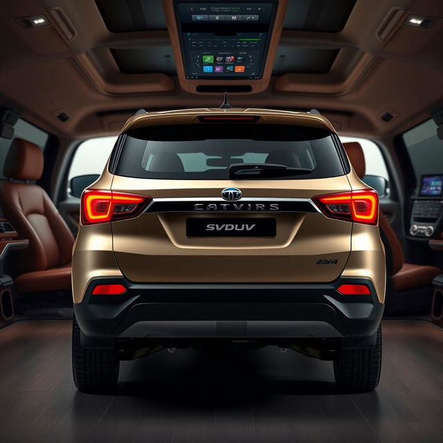 A facelifted Tata SUV captured in a rear 3/4 view within a realistic interior background, focusing on its sleek design enhancements while integrating with the stylish interior setting