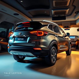 A facelifted Tata SUV captured in a rear 3/4 view within a realistic interior background, focusing on its sleek design enhancements while integrating with the stylish interior setting