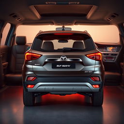 A facelifted Tata SUV captured in a rear 3/4 view within a realistic interior background, focusing on its sleek design enhancements while integrating with the stylish interior setting