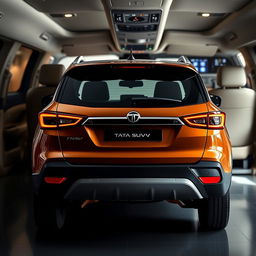 A facelifted Tata SUV captured in a rear 3/4 view within a realistic interior background, focusing on its sleek design enhancements while integrating with the stylish interior setting