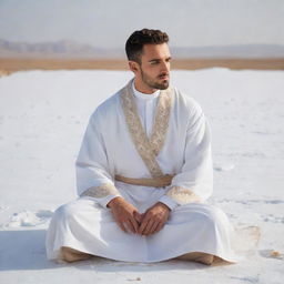 A 30 year old man dressed in traditional Arabic garments: a pristine white abaya and a beige dashdasha, sitting cross legged on a fresh, snowy landscape. He is captured in a right-side view, creating a serene and distinct image.