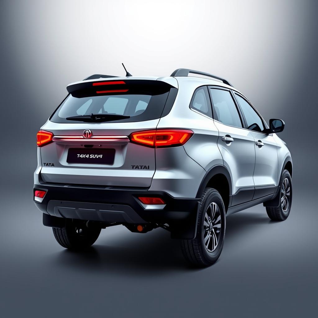 A facelifted Tata 4x4 SUV depicted in a rear 3/4 view, set against a realistic presentation background that highlights its enhanced features