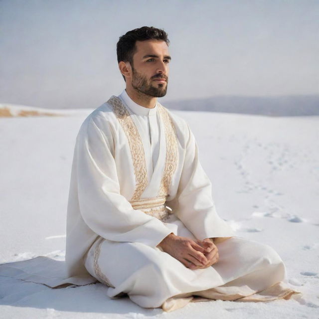 A 30 year old man dressed in traditional Arabic garments: a pristine white abaya and a beige dashdasha, sitting cross legged on a fresh, snowy landscape. He is captured in a right-side view, creating a serene and distinct image.