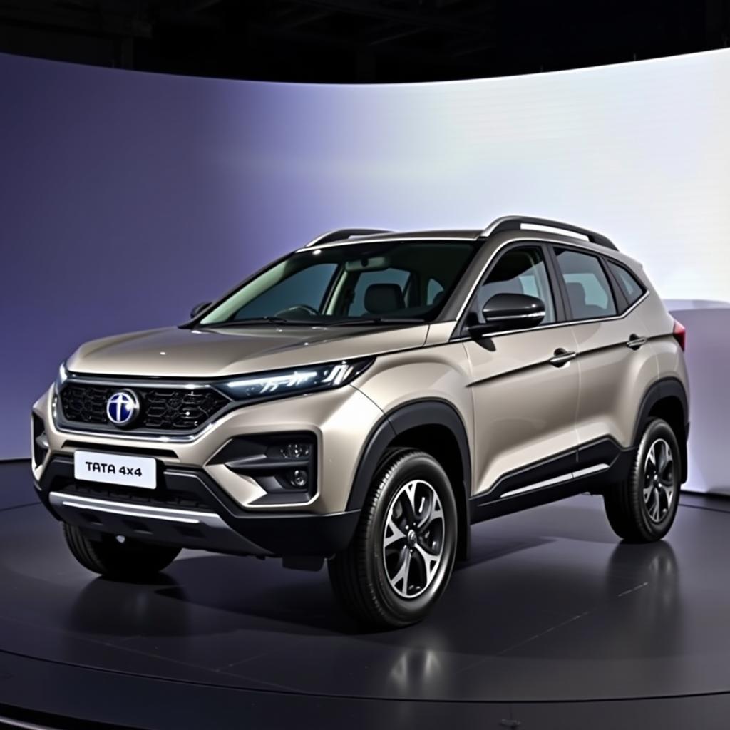 A facelifted Tata 4x4 SUV depicted on a realistic presentation background, showcasing its newly enhanced design features