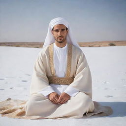 A 30 year old man dressed in traditional Arabic garments: a pristine white abaya and a beige dashdasha, sitting cross legged on a fresh, snowy landscape. He is captured in a right-side view, creating a serene and distinct image.