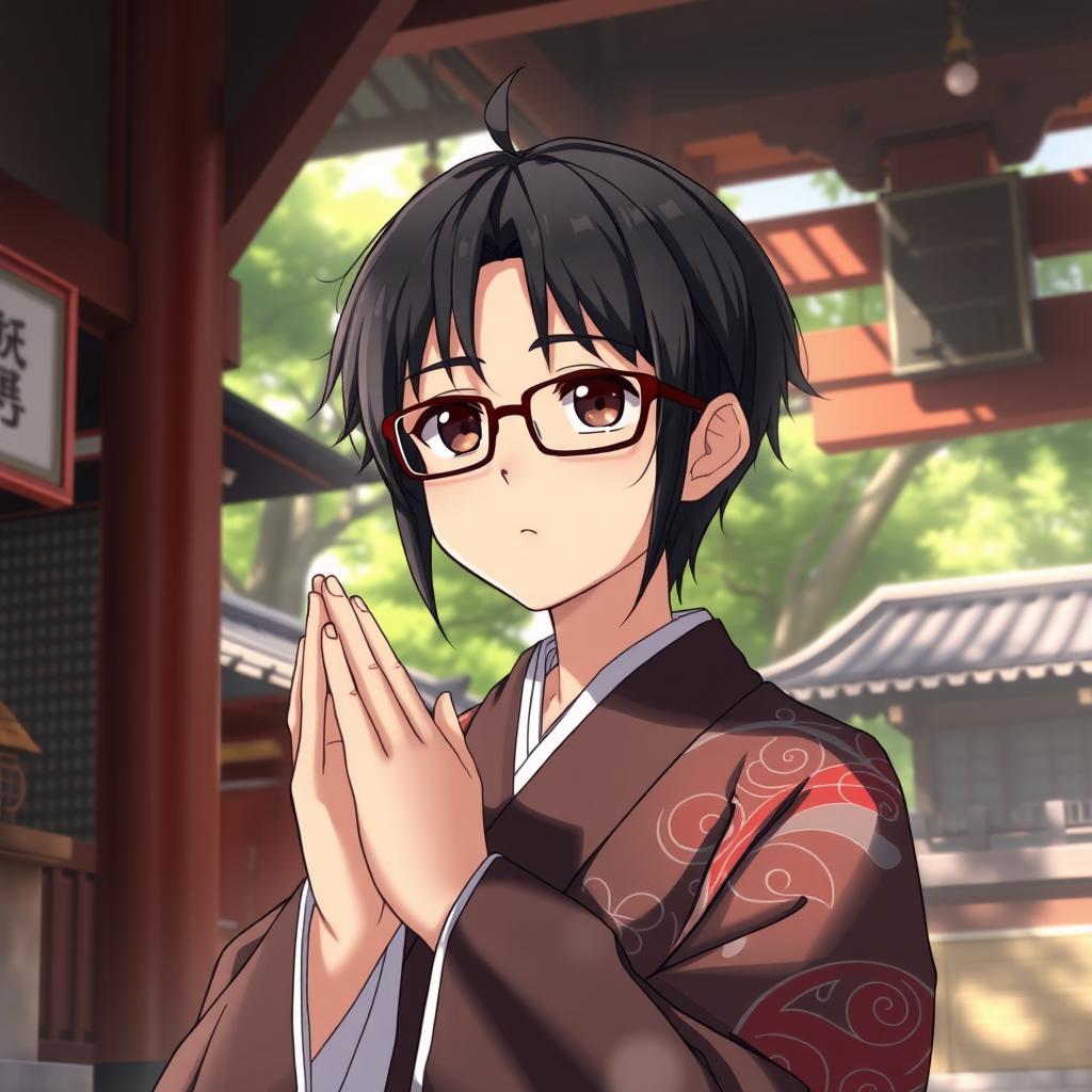 Anime-style depiction of a traditional Japanese shrine priest with black hair and glasses, praying in a serene setting