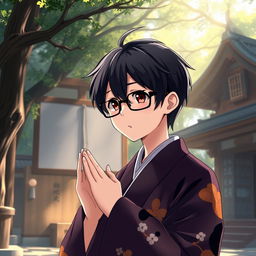 Anime-style depiction of a traditional Japanese shrine priest with black hair and glasses, praying in a serene setting