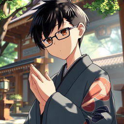 Anime-style depiction of a traditional Japanese shrine priest with black hair and glasses, praying in a serene setting