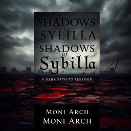 Dark dystopian book cover featuring a bloody landscape under a menacing, overcast sky for the title "Shadows of Sybilla