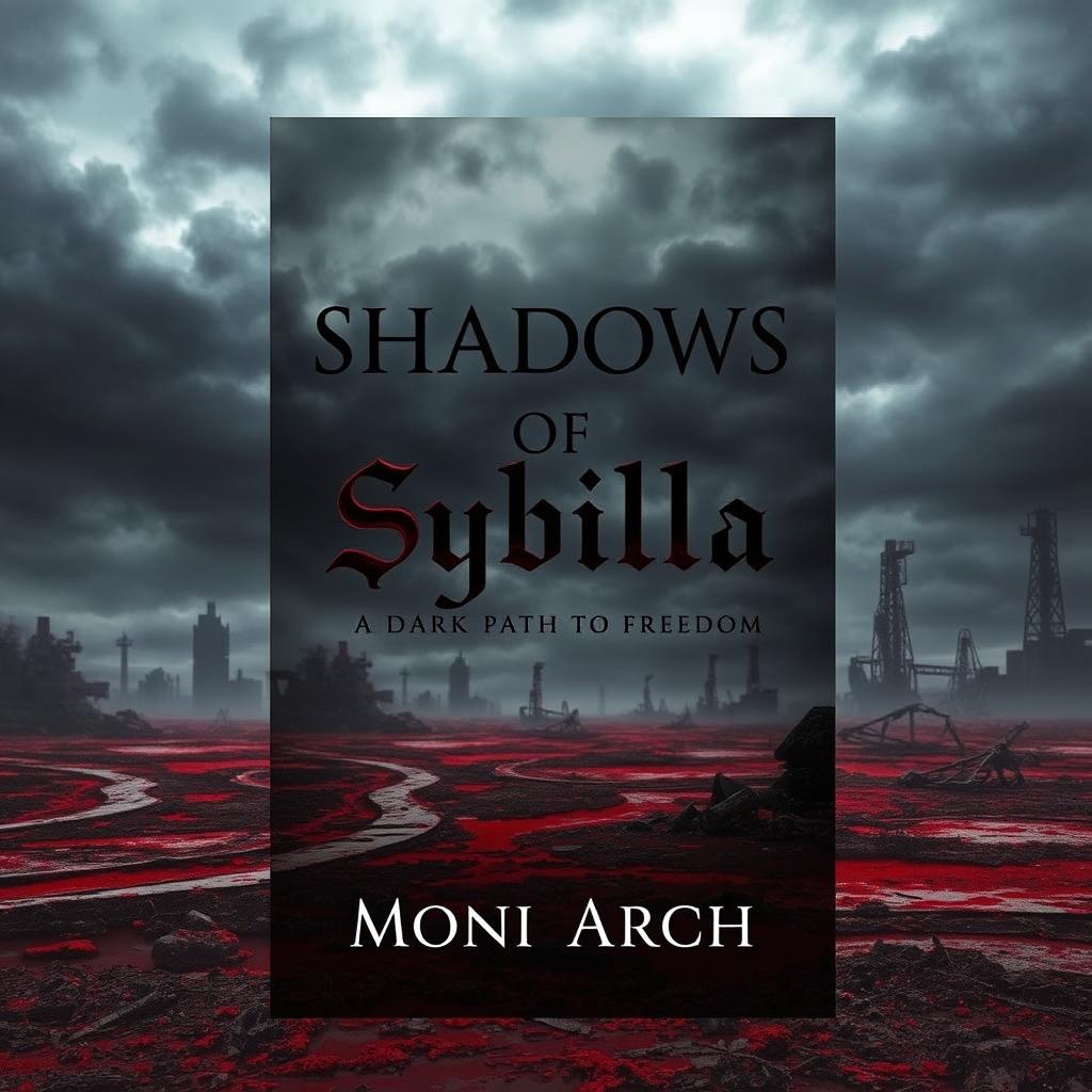 Dark dystopian book cover featuring a bloody landscape under a menacing, overcast sky for the title "Shadows of Sybilla