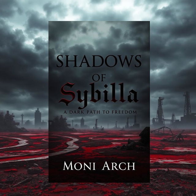 Dark dystopian book cover featuring a bloody landscape under a menacing, overcast sky for the title "Shadows of Sybilla