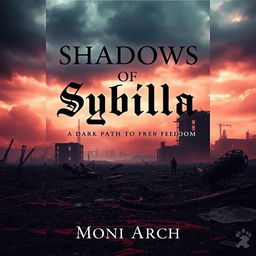 Dark dystopian book cover featuring a bloody landscape under a menacing, overcast sky for the title "Shadows of Sybilla