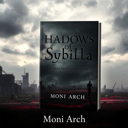 Dark dystopian book cover featuring a bloody landscape under a menacing, overcast sky for the title "Shadows of Sybilla