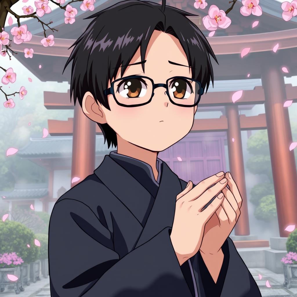 Anime-style depiction of a traditional Japanese shrine priest with black hair and glasses, praying with deep concentration