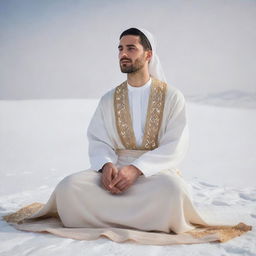 A 30 year old man dressed in traditional Arabic garments: a pristine white abaya and a beige dashdasha, sitting cross legged on a fresh, snowy landscape. He is captured in a right-side view, creating a serene and distinct image.