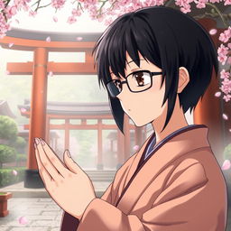 Anime-style depiction of a traditional Japanese shrine priest with black hair and glasses, praying with deep concentration