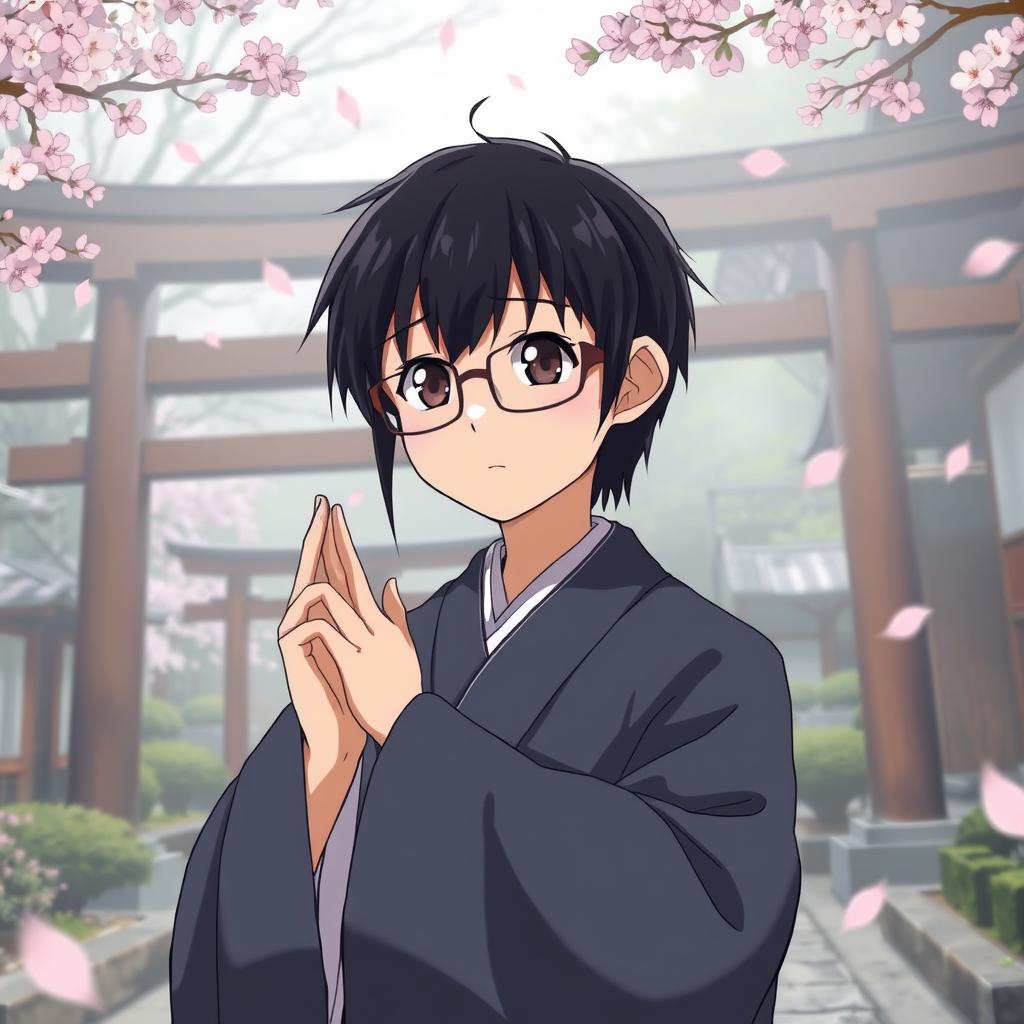 Anime-style depiction of a traditional Japanese shrine priest with black hair and glasses, praying with deep concentration