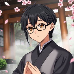 Anime-style depiction of a traditional Japanese shrine priest with black hair and glasses, praying with deep concentration