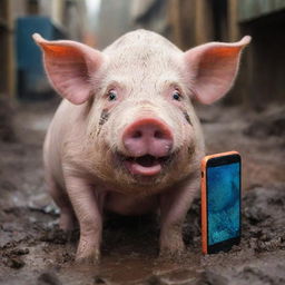 An extremely hostile pig, eyes blazing with fury, savagely biting into a shockingly vivid-colored smartphone, surrounded by a chaotic muddy scene.