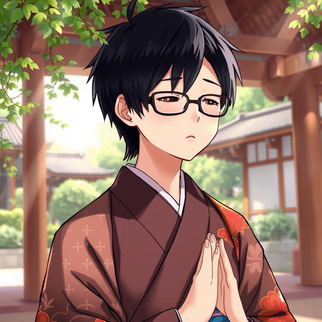 Anime-style illustration of a traditional Japanese shrine priest with black hair and glasses, immersed in prayer