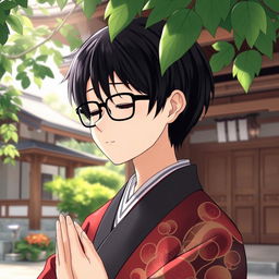 Anime-style illustration of a traditional Japanese shrine priest with black hair and glasses, immersed in prayer