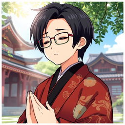 Anime-style illustration of a traditional Japanese shrine priest with black hair and glasses, immersed in prayer