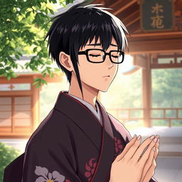 Anime-style illustration of a traditional Japanese shrine priest with black hair and glasses, immersed in prayer