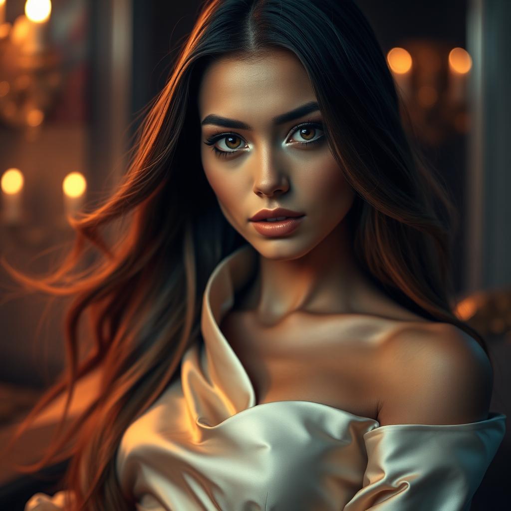 A woman in an elegant, glamorous setting with expressive eyes and long flowing hair