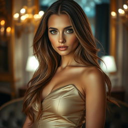 A woman in an elegant, glamorous setting with expressive eyes and long flowing hair