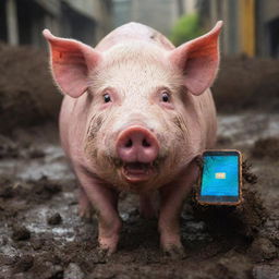 An extremely hostile pig, eyes blazing with fury, savagely biting into a shockingly vivid-colored smartphone, surrounded by a chaotic muddy scene.