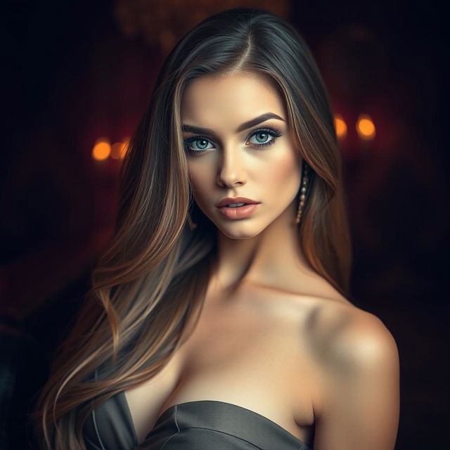 A woman in an elegant, glamorous setting with expressive eyes and long flowing hair