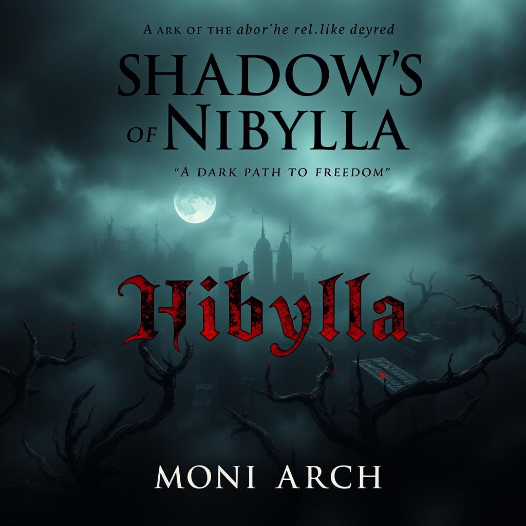 A dark dystopian book cover for the novel "Shadows of Nibylla" by Moni Arch