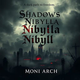 A dark dystopian book cover for the novel "Shadows of Nibylla" by Moni Arch