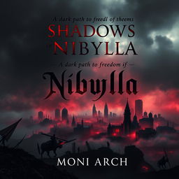 A dark dystopian book cover for the novel "Shadows of Nibylla" by Moni Arch