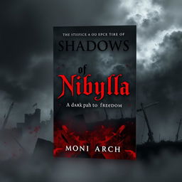 A dark dystopian book cover for the novel "Shadows of Nibylla" by Moni Arch