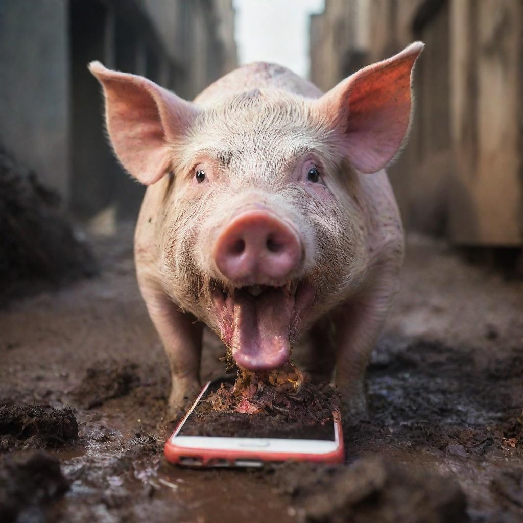 An extremely hostile pig, eyes blazing with fury, savagely biting into a shockingly vivid-colored smartphone, surrounded by a chaotic muddy scene.